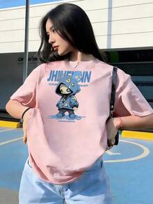Blue Streetwear Character T-Shirt With "JHINEINN" Text, Fashionable Short-Sleeve T-Shirt For Spring/Summer 2026, Made In Mexico, 180 Grams. Cartoon Print, Couple Design, Suitable For Indoor Or Outdoor Wear. Crew Neck, Unisex, Ideal For Office And Leisure. One-Pack. - PK-P631577SLNDXZGY635 - 查看 3