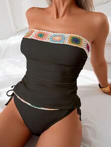 Traje de baño de dos piezas estampado para mujer, tankini sin tirantes con cintas ajustables, ropa de baño para vacaciones en la playa. - Blanco - Ver 7