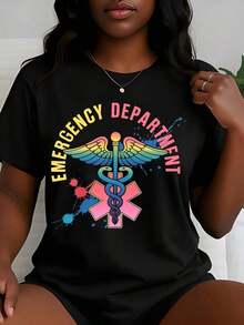 Women's Printed T-Shirt With A Rainbow And Caduceus Design From The Emergency Department, Short Sleeves, Crew Neck, Casual Style, For Medical Professionals And Healthcare Workers. Perfect Gift For Nurses, Doctors, And Emergency Personnel. Cotton Fabric, Casual Style, Machine Washable, Women's Clothing. - 白色 - 查看 7