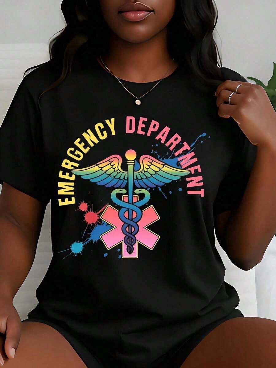 Women's Printed T-Shirt With A Rainbow And Caduceus Design From The Emergency Department, Short Sleeves, Crew Neck, Casual Style, For Medical Professionals And Healthcare Workers. Perfect Gift For Nurses, Doctors, And Emergency Personnel. Cotton Fabric, Casual Style, Machine Washable, Women's Clothing. - 黑色 - 查看 1