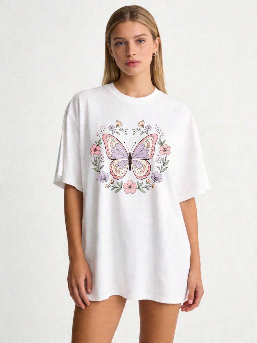 High-Quality Women's Basic Crew Neck T-Shirt With A Butterfly Print, Available In Sizes S-2XL, 100% Black And White, Suitable For Casual Wear In Spring And Summer, Family Outfits, And Couples' Sets. A Perfect Gift For Mom, Mother's Day, Family Members, And Best Friends. . - 白色 - 查看 1