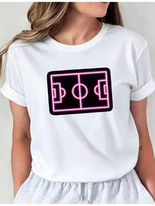 Camiseta Deportiva Casual para Mujer en Blanco con Gráfico Neón Rosa de Campo de Fútbol - Camiseta Elástica de Cuello Redondo, Lavable aáquina, Ajuste Cómodo y Apta para Todas las Estaciones, para Amantes del Deporte y. - Blanco - Ver 7