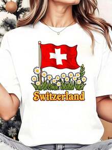Heavyweight T-Shirt With Swiss Flag And Daisy Print - Casual Short-Sleeved Round Neck Top For Spring And Summer, White With Red Cross Design, Soft And Comfortable Fit, A Hit In Swiss Clothing. - 白色 - 查看 1