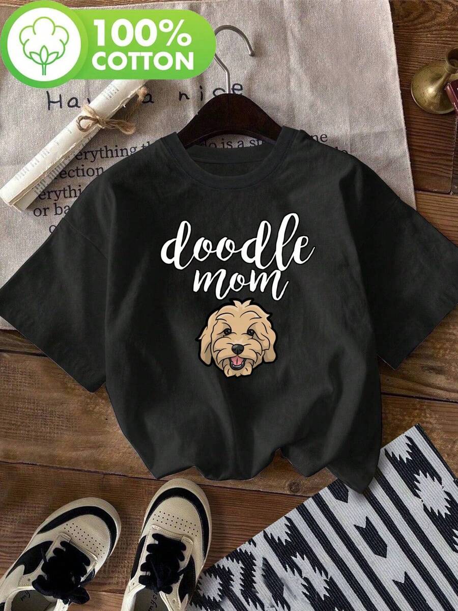 Camiseta con estampado de perro y graffiti "Graffiti Mom Happy" - Camiseta casual de cuello redondo, ultra suave, transpirable para el verano, de manga corta, adecuada para primavera y verano, blusas para mujer. - Negro - Ver 1