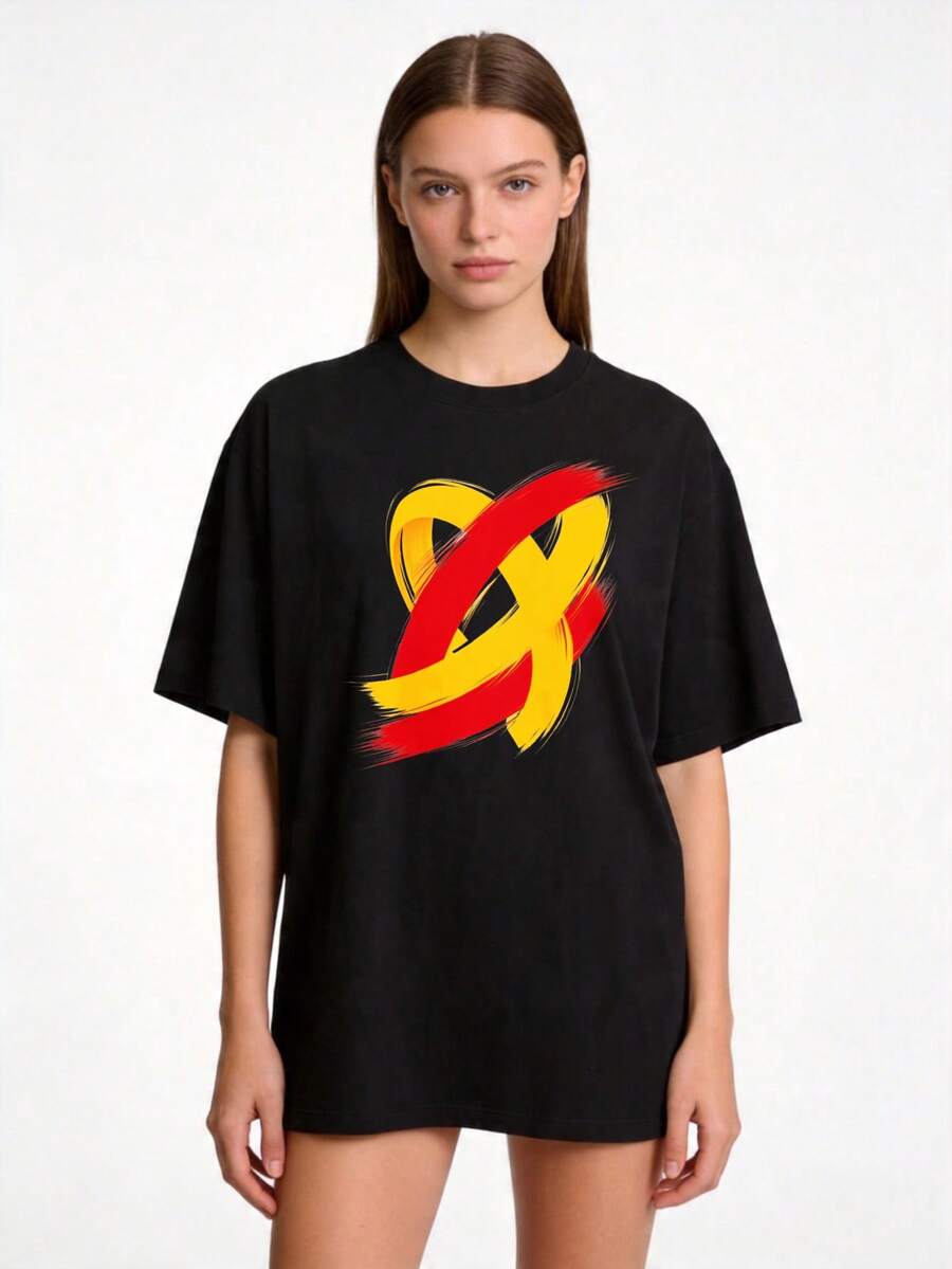 Conjunto de Arte Abstracto Premium de 1 Pieza, Talla Grande, Unisex, Camiseta 100% de Cuello Redondo, Corte Holgado, Camiseta Básica, Diseño Colorido con Pinceladas, Ropa Familiar y Conjuntos para Parejas, Regalo de Verano y Primavera para Amigos y Familiares, Ecológico. - Negro - Ver 1