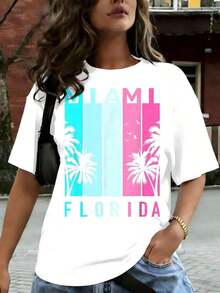 1 Piece Of Women's Casual T-Shirt With Miami, Florida Print, Beach Souvenir, Short Sleeve, Comfortable For Casual And Elegant Outfits, Lightweight And Breathable, Machine Washable, Regular Fit, Round Neck, 180g, 100% Cotton. - 白色 - 查看 1