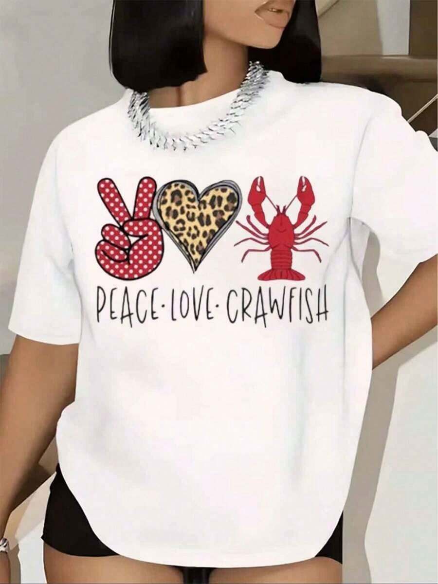 Women's T-Shirt With Graphic Print Of Peace, Love And Crab, Short Sleeve, Round Neck, Casual Summer Top, Basic Blouse For Women, Women's Blouse, Urban Style T-Shirt, Casual T-Shirt For Festivals And Daily Wear. - 白色 - 查看 1