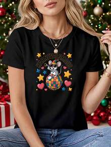 Women's T-Shirt With Letter Print And Mouse Costume KARNEVALSMAUS - Short-Sleeved, Round-Neck Top With KARNEVALSMAUS, Casual Spring/Summer Blouse For Theme Parties And Casual Wear - 黑色 - 查看 1