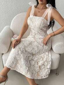 Vestido de playa de largo medio con estampado jacquard, tirantes con lazo y estilo de vacaciones para mujer, color blanco - Albaricoque - Ver 7