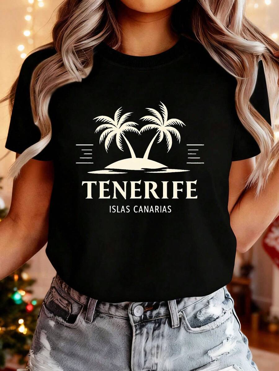 Women's Cotton T-Shirt With A Simple And Versatile Design, Authentic With A Print Of The Tenerife Palm Tree - Colors Of The Spanish Flag With The Logo Of The Canary Islands, Casual Short-Sleeved T-Shirt With Tenerife Text, Suitable For All Seasons, Ideal For Souvenirs Of Holidays In Spain And Everyday Use. - 黑色 - 查看 1