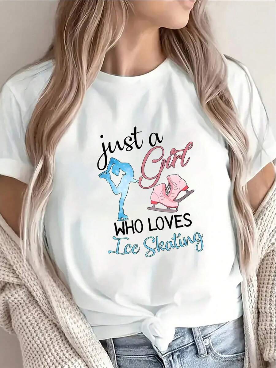 Women's Casual Blouse, Simple Style For Everyday Wear, Custom Short-Sleeved T-Shirt For Ice Sports Enthusiasts, Featuring The "Fall In Love With Ice Sports" Design, Perfect For Casual Wear At Home Or Outdoors, Lightweight And Durable, A Great Gift For Fans And Suitable For Both Men And Women. Comfortable, Soft, And Simple Short-Sleeved T-Shirt For Everyday Wear. - 白色 - 查看 1