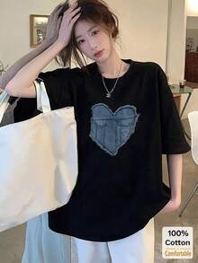 Nueva Camiseta de Moda para Mujer con Cuello Redondo, Edición Limitada, camiseta de manga corta de longitud media con estampado de corazón para mujer, top casual elegante, de algodón ligero, diseño versátil para el verano. - Negro - Ver 9