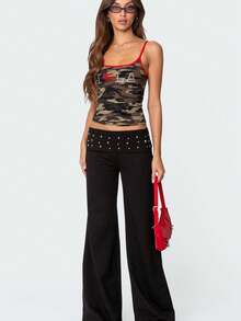 Womenacute;s Wide Leg Pants High Waist Folded Studded Waistline Black Loose Casual Pants - Negro - Ver 4