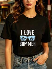 Women's Casual Blouse, Simple Style For Everyday Wear, Women's "I Love Summer" T-Shirt By 180G - The Perfect Family Gift For Summer Vacations And Team-Building Activities! Comfortable, Soft, And Simple Short-Sleeved Top For Everyday Wear. - 黑色 - 查看 1