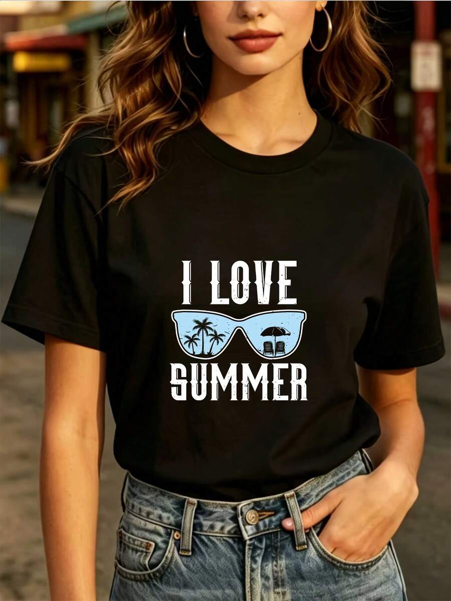 Women's Casual Blouse, Simple Style For Everyday Wear, Women's "I Love Summer" T-Shirt By 180G - The Perfect Family Gift For Summer Vacations And Team-Building Activities! Comfortable, Soft, And Simple Short-Sleeved Top For Everyday Wear. - 黑色 - 查看 1