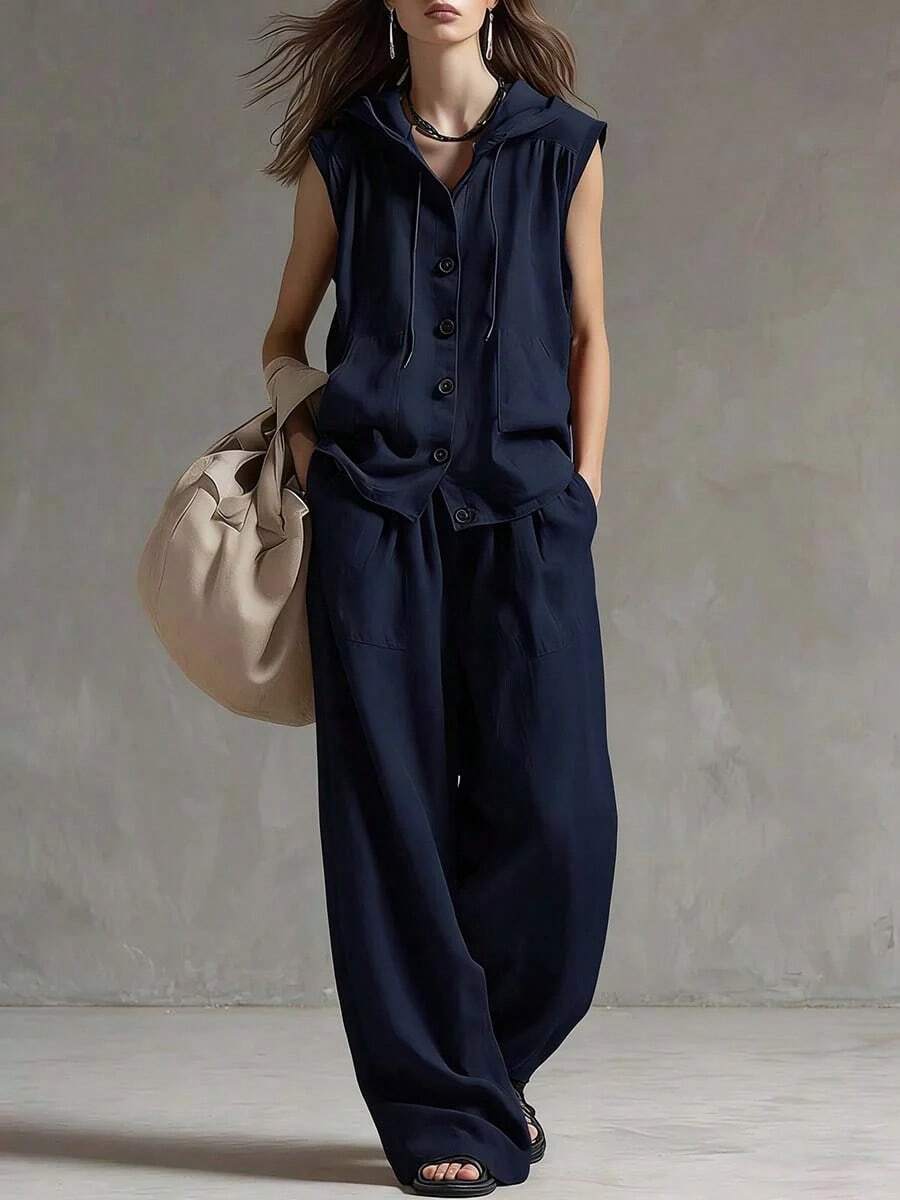 Fashionable Casual Two-Piece Set With Hood And Buttons, Sleeveless Top And Wide Leg Pants For Women - 深藍色 - 查看 1