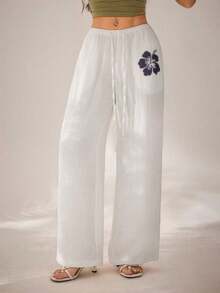PETITE Pantalones anchos de pierna ancha con estampado floral y cintura con lazo para mujer, pantalones de playa de 100% algodón para verano - Blanco - Ver 1