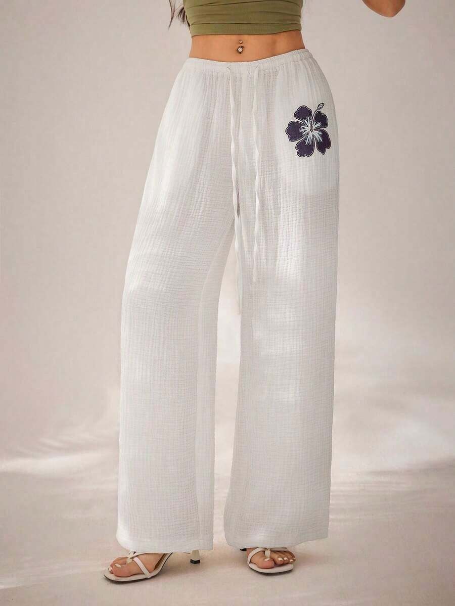 PETITE Pantalones anchos de pierna ancha con estampado floral y cintura con lazo para mujer, pantalones de playa de 100% algodón para verano - Blanco - Ver 1