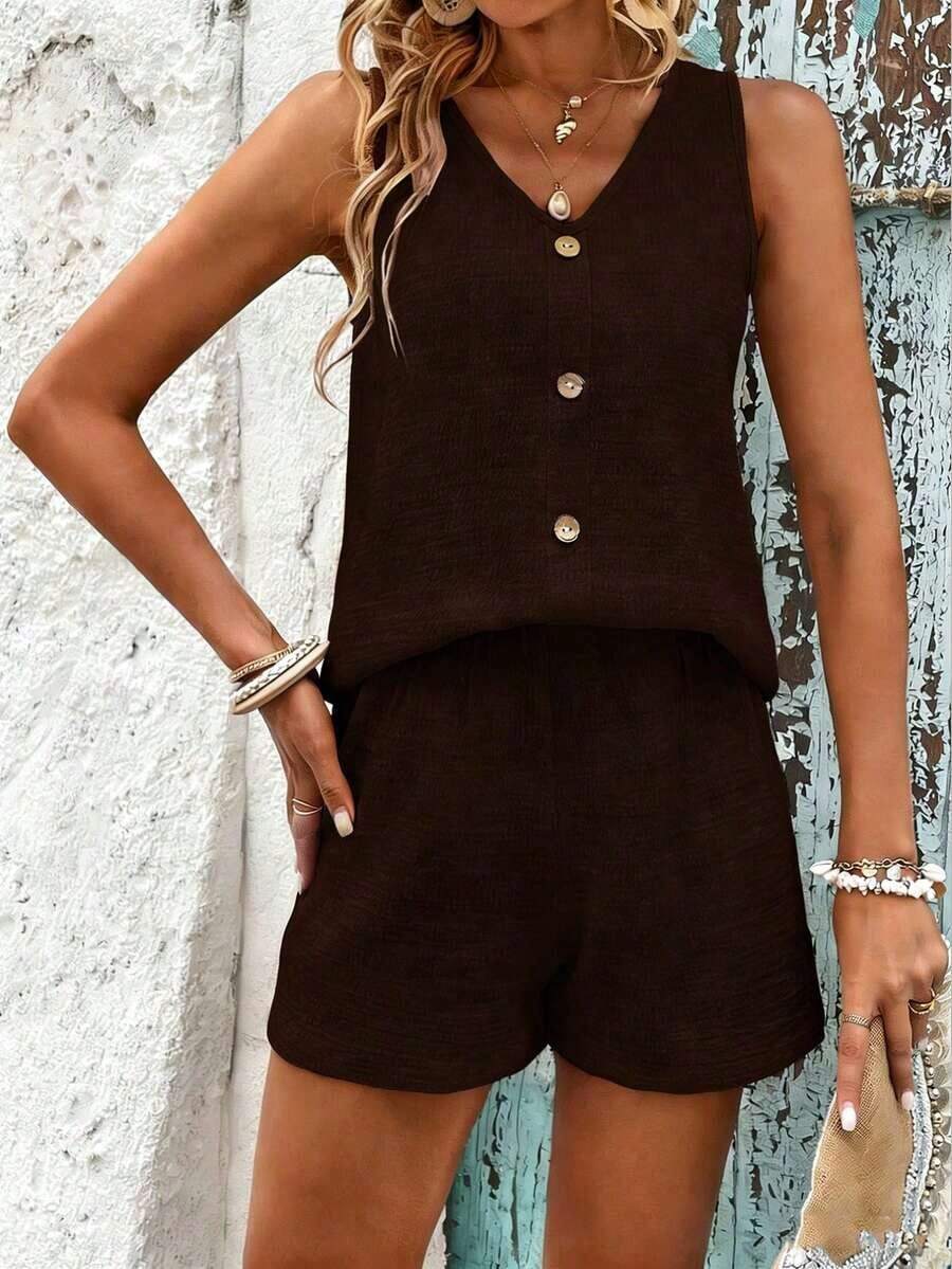 LUNE Conjunto De Camiseta Sin Mangas Y Pantalones Cortos De Color Sólido Para Mujer Con Cuello En V - Marrón Chocolate - Ver 1