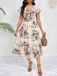 xheSHEIN Lady Vestido elegante de longitud media con cintura ceñida y estampado floral casual para mujer, veranoxhe - Albaricoque - Ver 1