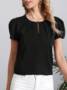 Camisa De Manga Abullonada Plisada De Color Liso Para Mujer - Negro - Ver 1