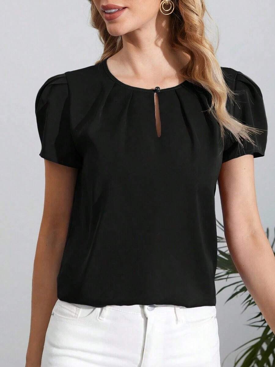 Camisa De Manga Abullonada Plisada De Color Liso Para Mujer - Negro - Ver 1