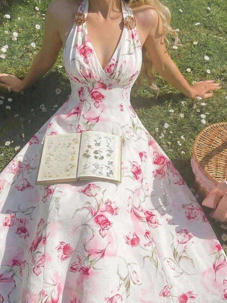 xheSHEIN MOD Vestido midi elegante sin mangas con decoración floral 3D de metal y plisados para mujerxhe - Rosa - Ver 1