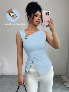 Elenzya Camiseta de mujer de unicolor con decoración metálica y cuello asimétrico - Azul - Ver 5