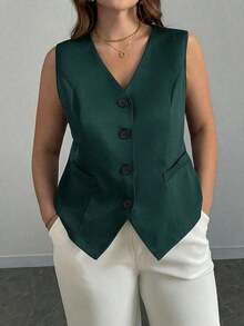 elegante de talla grande de un solo botonadura y ajustado, negro - Verde Oscuro - Ver 6