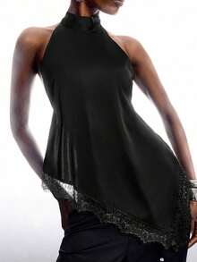 2026 Nuevo Top de Tirantes Minimalista de Primavera/Verano para Mujer, unicolor, Cuello Alto, Sin Mangas, Volantes, Bajo Asimétrico, Color Azul Marino - Negro - Ver 6