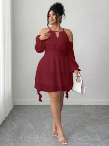 Vestido de mujer con mangas acampanadas y hombros descubiertos - Burdeos - Ver 5