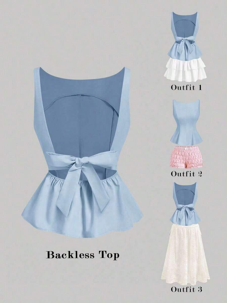 Top sin espalda con lazo y tirantes en escote en V para mujer, color rosa - Azul - Ver 1