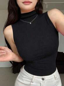 Tops de mujer de cuello alto, ajustados, sin mangas y con envolvente - Negro 2 - Ver 7