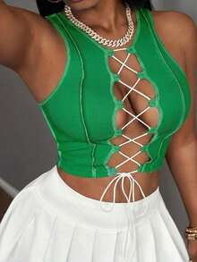 Top corto sin mangas con contraste de color acanalado, estilo casual básico, deportivo, sexy y de calle Y2K para mujeres - verde menta - Ver 5