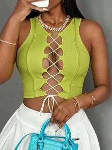 Top corto sin mangas con contraste de color acanalado, estilo casual básico, deportivo, sexy y de calle Y2K para mujeres - Verde Oliva - Ver 7