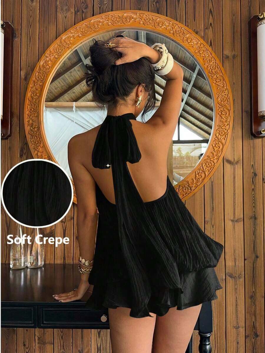 MEXAloruh Vestido mini elegante de gasa con lazo en el cuello en color amarillo mantequilla para mujer, vestido para citas, vestido para salir de noche, vestidos de verano para mujer, atuendos para luna de miel, vestido de invitada de boda, atuendos para vacaciones en la isla, vestidos de fiesta elegantes, vestidos de cumpleaños para mujerMEX 2MZE - Negro - Ver 1