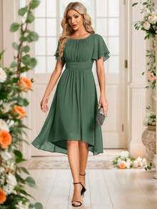 Vestido de dama de honor de gasa con pliegues y mangas con volantes, vestido de noche elegante para invitados de boda en primavera - Verde Oliva - Ver 1