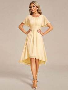 Vestido de dama de honor de gasa con pliegues y mangas con volantes, vestido de noche elegante para invitados de boda en primavera - Amarillo - Ver 4