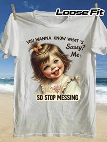 T-Shirt With Funny Quote Print And Vintage Illustration, Women's Round Neck T-Shirt, Loose Fit Summer Top, Gift For Her, Perfect For Women's Summer T-Shirts, Women's Summer Clothes, Ideal For Various Holidays. - 白色 - 查看 6