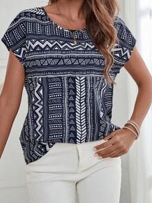 Blusa con estampado geométrico de manga murciélago - Azul marino - Ver 1