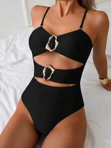 Nuevo traje de baño de una pieza elegante y sexy con diseño calado en negro, de moda para la playa, vacaciones, fiestas y citas - Negro - Ver 2