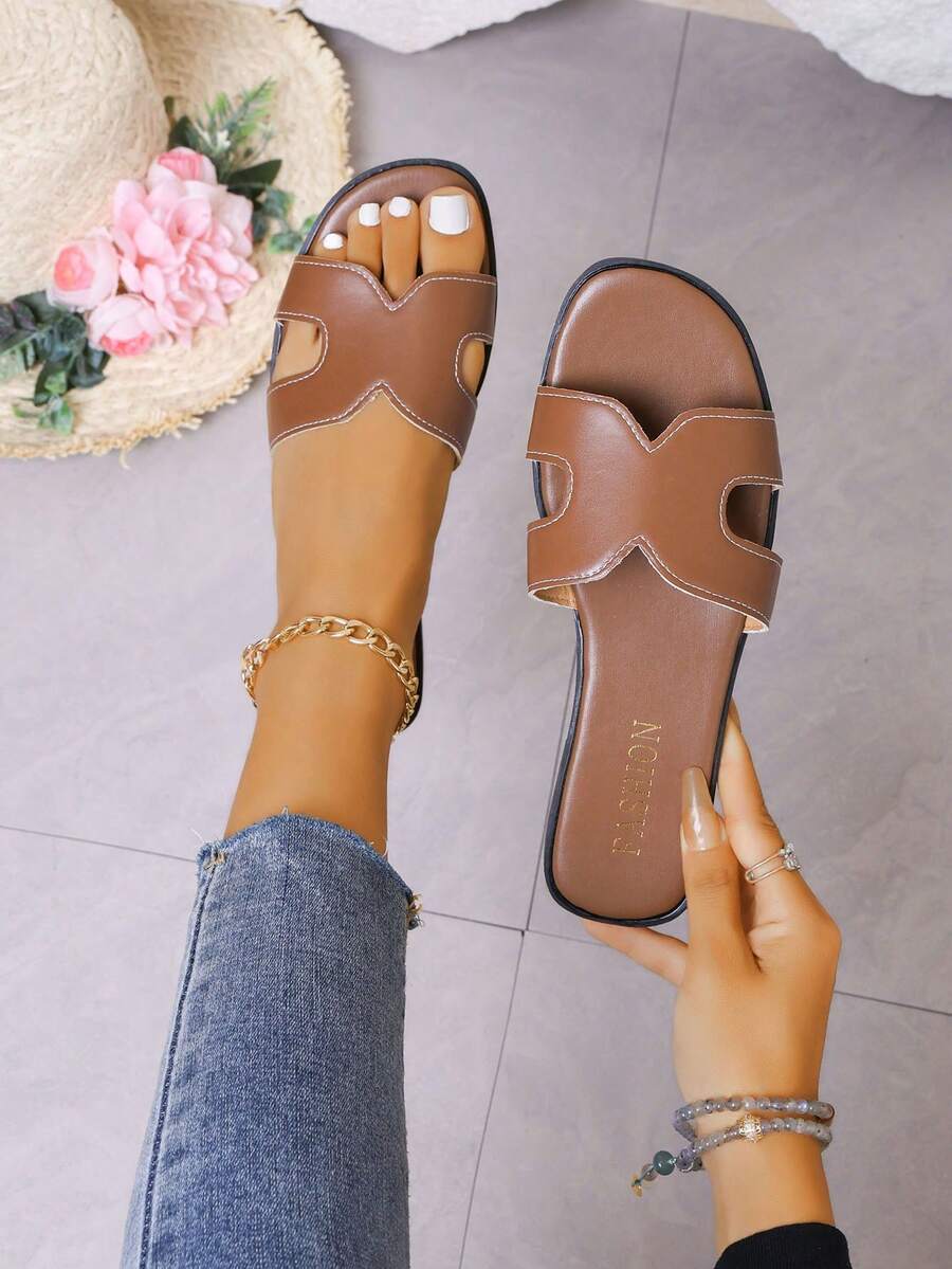 New Arrival Solid Dark Brown Korean Fashion Slippers, Women's Flat Vacation Beach Sandals, H-Strap Slides