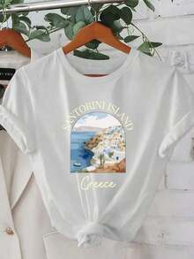 Lightweight Graphic Tees, New Summer Collection 2026, Featuring A Santorini Island Landscape Design, Beautiful, Stylish, Fashionable, Casual, Korean Style Clothing, T-Shirt, 100% Cotton, A Popular Choice. - 白色的 - 查看 1