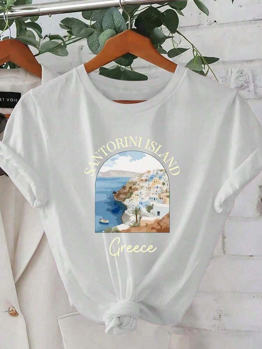 Lightweight Graphic Tees, New Summer Collection 2026, Featuring A Santorini Island Landscape Design, Beautiful, Stylish, Fashionable, Casual, Korean Style Clothing, T-Shirt, 100% Cotton, A Popular Choice. - 白色的 - 查看 1