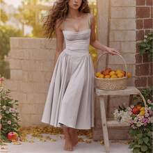 Women's Beige Corset Spaghetti Strap Midi Dress, Sweetheart Neck A-Line Flare Dress, Elegant Bridesmaid & Wedding Guest Dress - 24586-淺灰色 - 查看 1