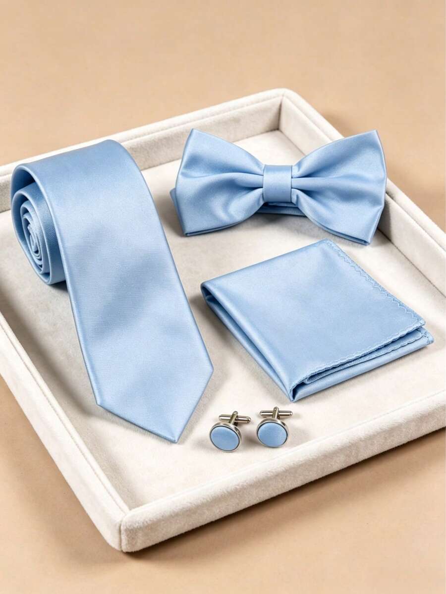 Set de 4 piezas para hombre de negocios con corbata de unicolor de poliéster, pajarita, pañuelo de bolsillo y gemelos, para bodas - Celeste - View 1
