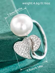 1pc Elegant Cubic Zirconia & Faux Pearl Ring, Women's Wedding Jewelry, Valentine's Day Gift - Silver - View 6