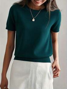 Camiseta de punto de manga corta de unicolor y peso ligero para mujer, top minimalista de verano - Verde Oscuro - Ver 3
