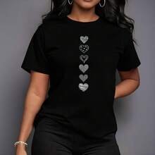 Women's Crew Neck T-Shirts Kawaii Print Heart-Shaped Design Breathable Casual School Wear | Lightweight Summer Top - 黑色 - 查看 1