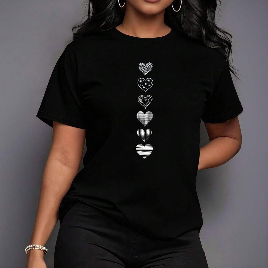 Women's Crew Neck T-Shirts Kawaii Print Heart-Shaped Design Breathable Casual School Wear | Lightweight Summer Top - 黑色 - 查看 1